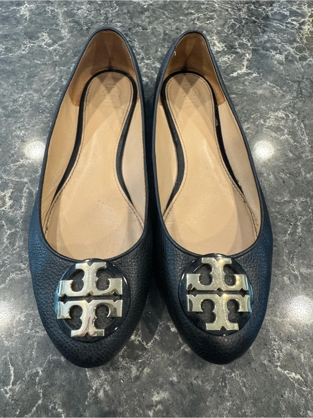 Tory Burch Black Leather Logo Ballet Flats